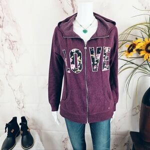 Victoria’s Secret Love Zip Hoodie Embroidered Floral Graphic Sweatshirt Medium